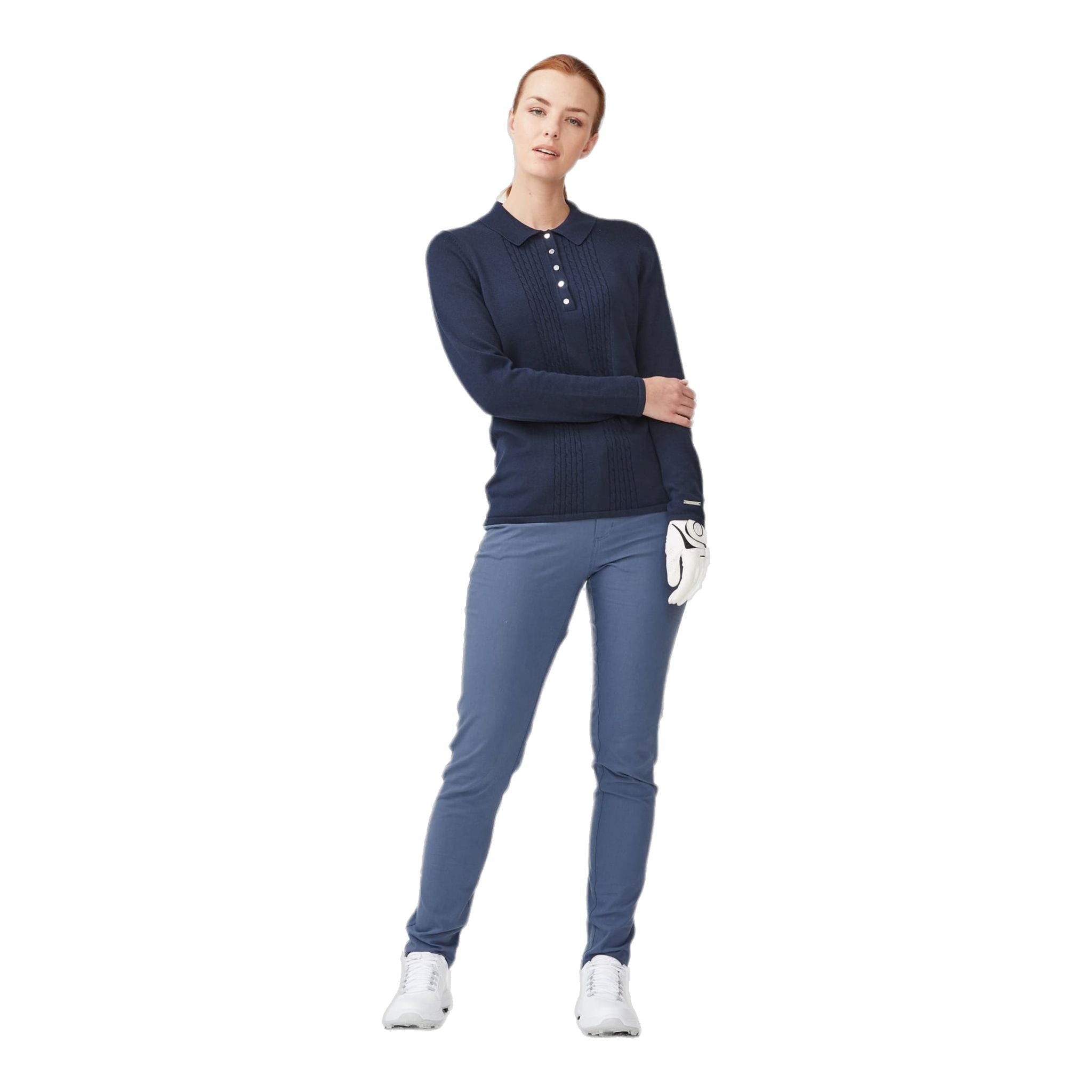 Polo Röhnisch lavorata a maglia a maniche lunghe blu navy da donna
