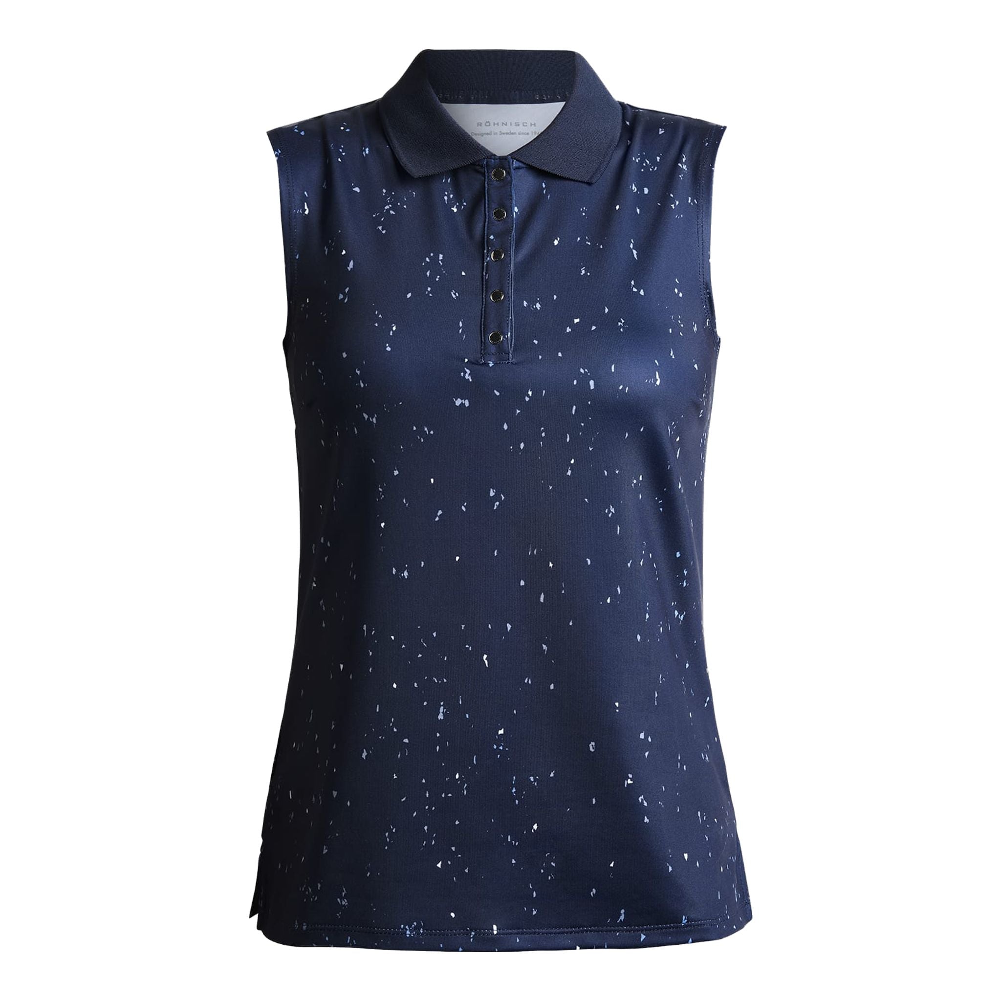 Polo da golf Röhnisch Direction senza maniche blu navy/micro spot D da donna