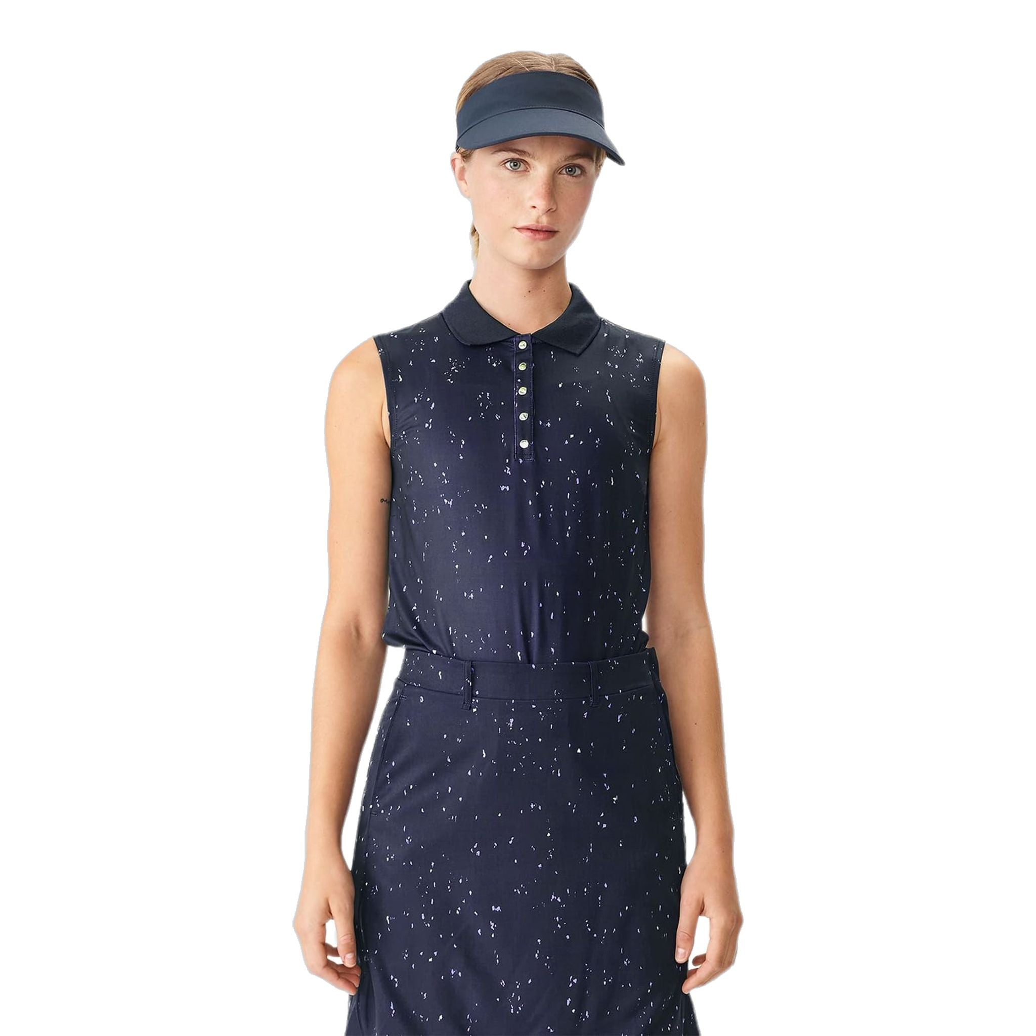 Polo da golf Röhnisch Direction senza maniche blu navy/micro spot D da donna