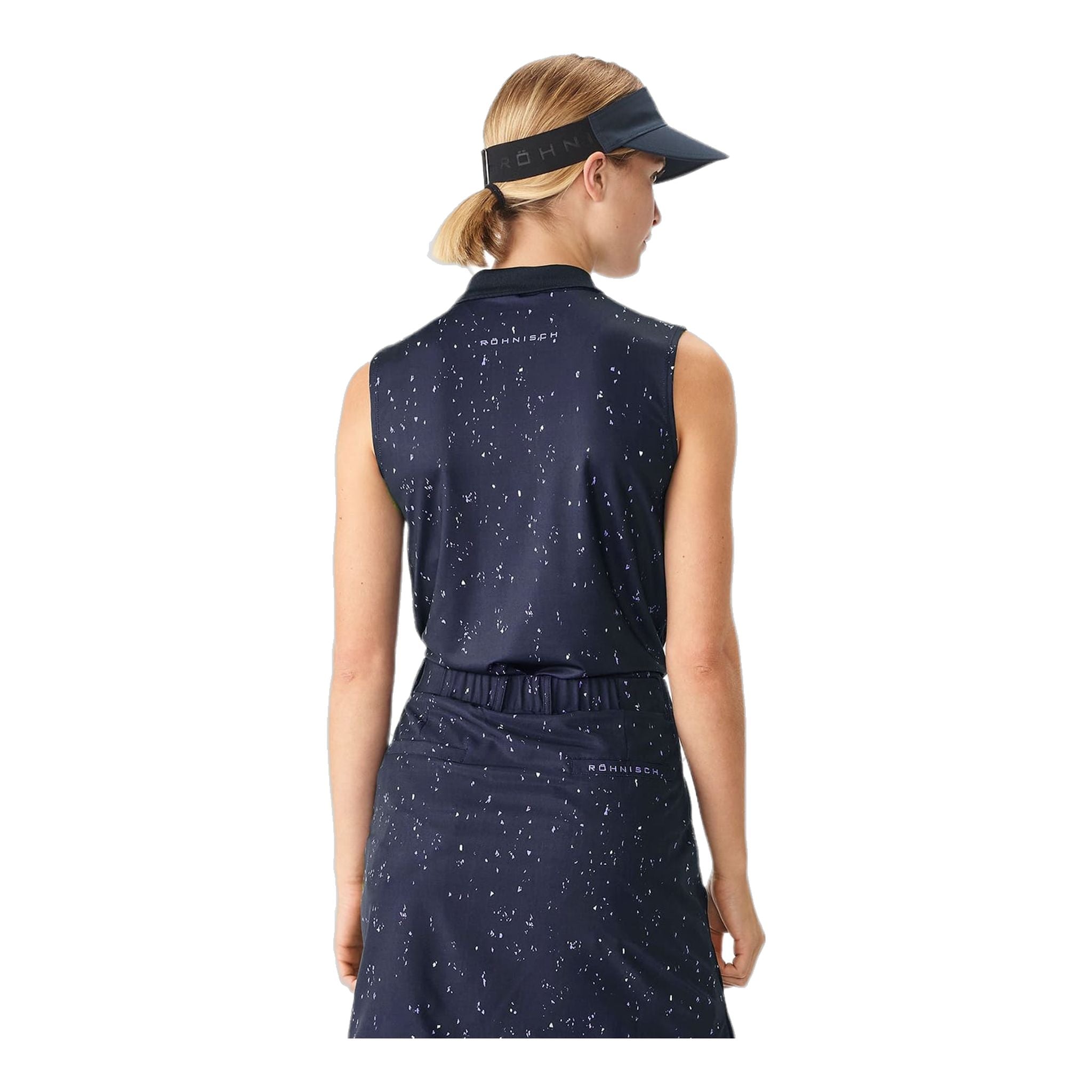 Polo da golf Röhnisch Direction senza maniche blu navy/micro spot D da donna