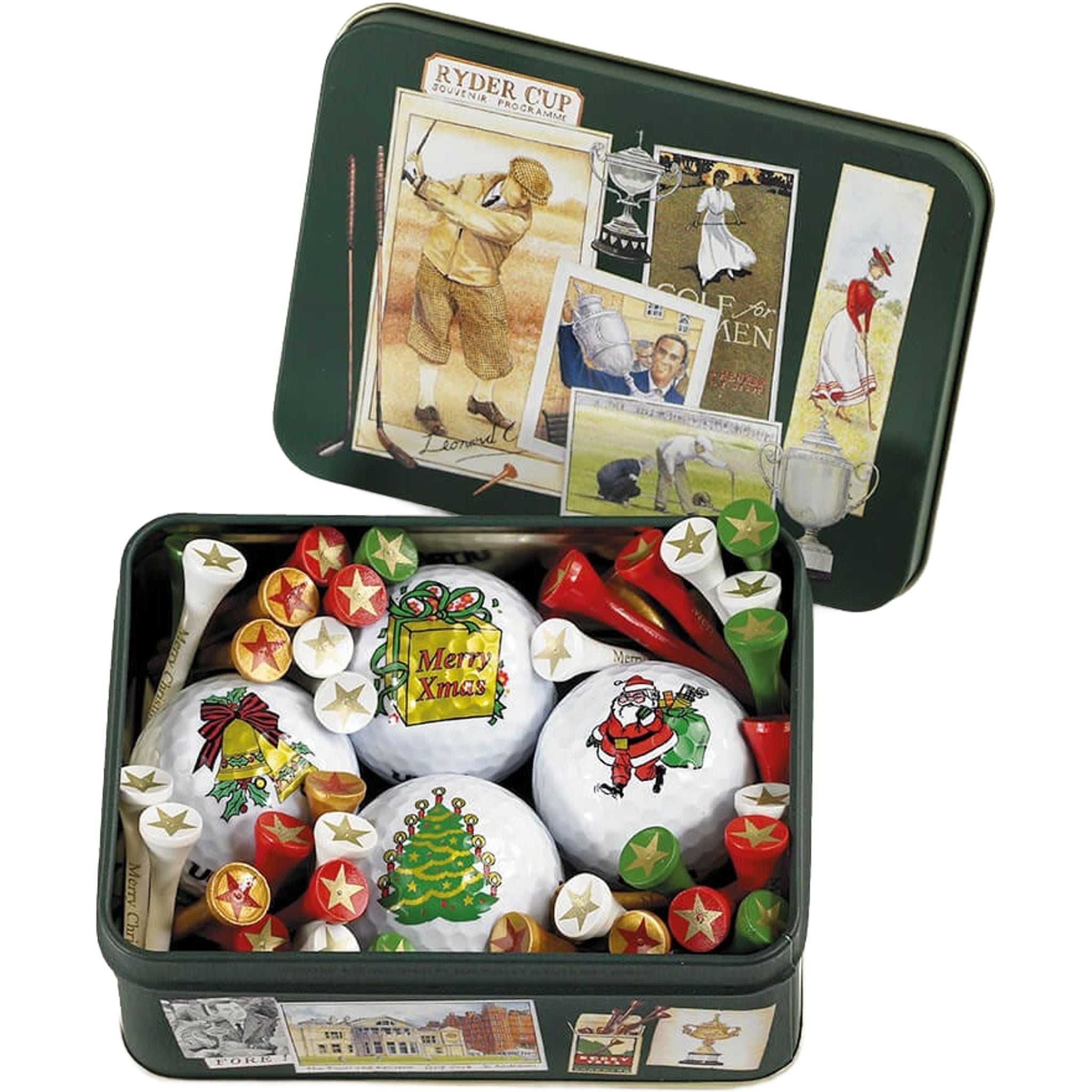 Sportiques Golf Gifts Scatola decorativa con 4 palline di Natale e circa 50 tee