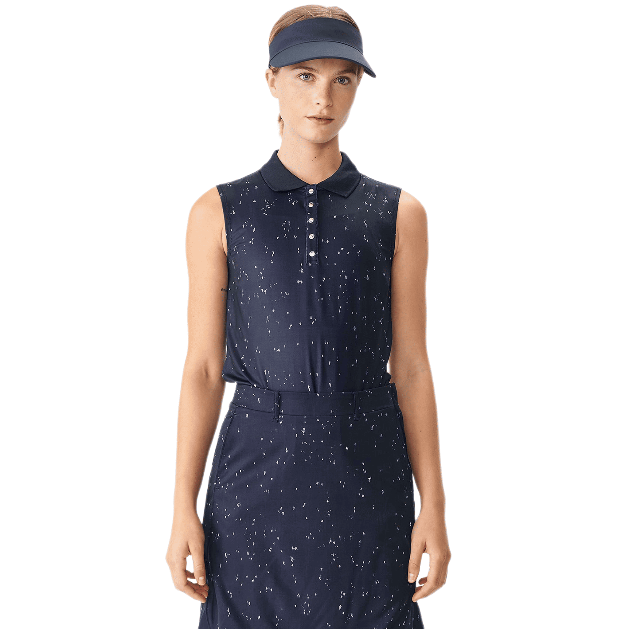 Polo da golf Röhnisch Direction senza maniche blu navy/micro spot D da donna