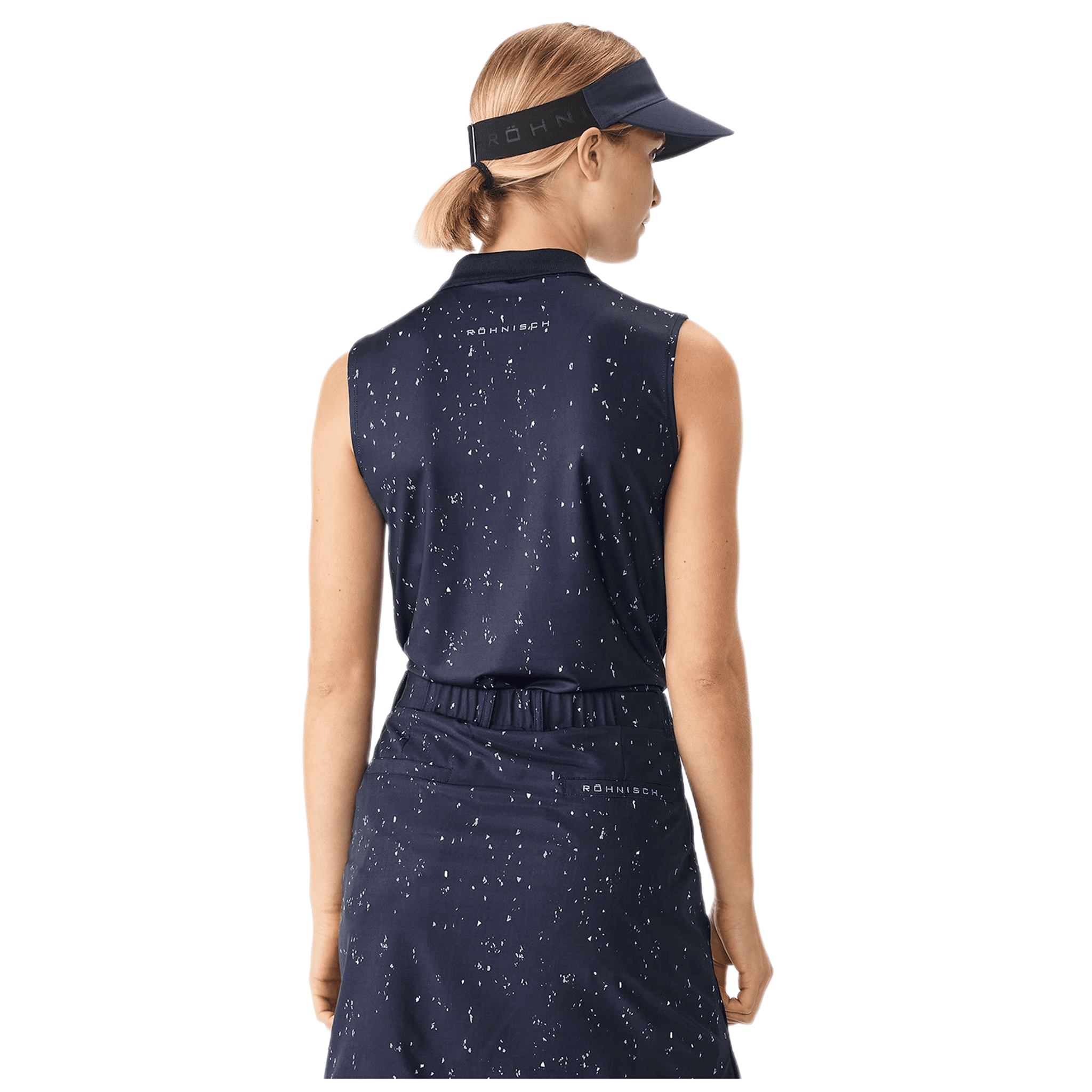 Polo da golf Röhnisch Direction senza maniche blu navy/micro spot D da donna